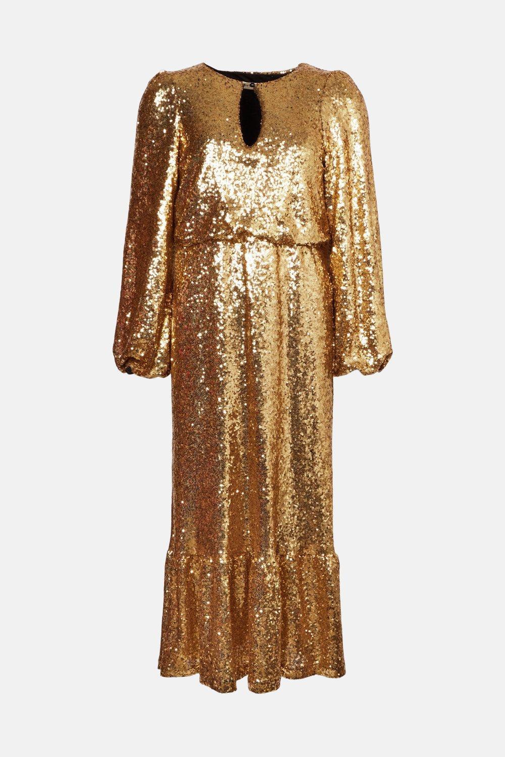 Gold Sequin Keyhole Blouson Midi Dress ...